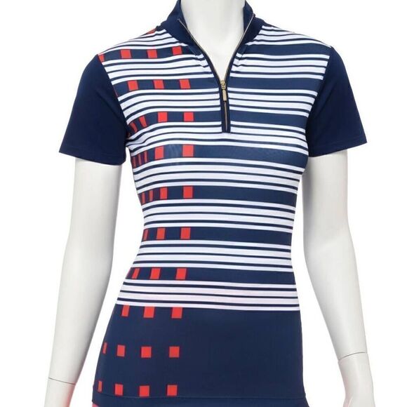 EP Pro Womens Short Sleeve Exploded Dash Stripe Print Zip Mock Golf Polo Top Lar - Picture 1 of 13